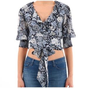 GANNI Floral Print V-Neck Wrap Crop Top